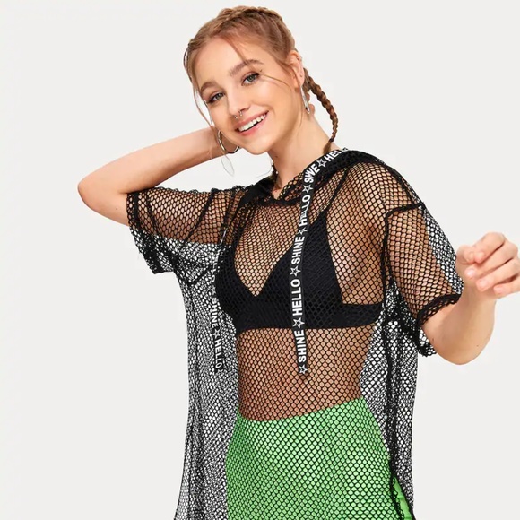Letter Tape Fishnet Mesh Hoodie- NEW! Summer Fun! - Picture 2 of 4
